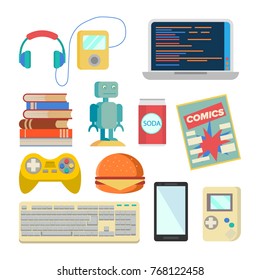 Nerd Items Set Vector. Geek Accessories. Headphones, Player, Laptop, Robot, Toy, Phone, Keyboard, Tetris, Comics, Soda, Burger, Books. Isolated Flat Cartoon Illustration