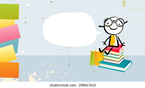 Nerd kid, girl sitting on a stack of books, with speech balloon. Back to school, education vector illustration. 