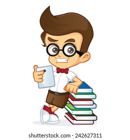 Nerd leaning on books