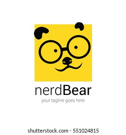 Nerd Logo Design Template With Cartoon Face Bear In Eye Glasses On A Background Of Yellow Square-pixel, Identity Concept, Symbol, Icon, Vector Illustration Isolated On White Backgrounds