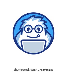 nerd mascot yeti programmer work on the laptop logo design