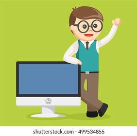 Nerd office stand beside monitor 