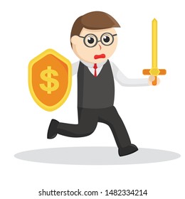 Nerd Office with sword and dollar Shield