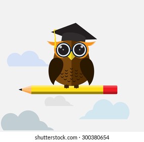 Nerd Owl with glasses and graduation hat standing on top of a pencil. 