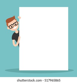 Nerd peeping from behind a blank board mock up / Copy space. Your text here. Editable flat vector illustration, clip art