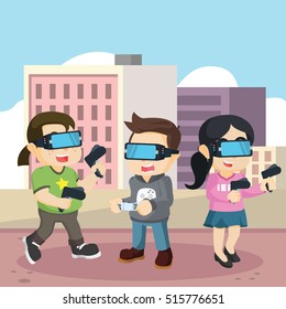 nerd playing virtual reailty in the city