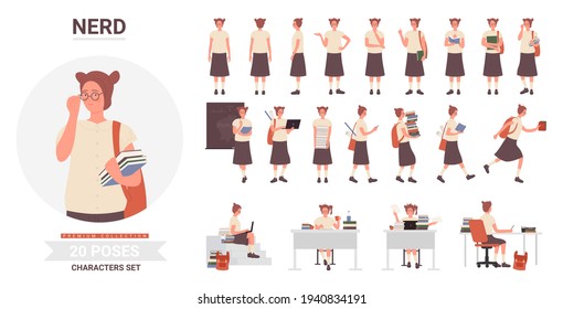 Nerd pose vector illustration set. Cartoon clever girl character with glasses studying at home and school college or university in various postures, carrying stack of books for study isolated on white