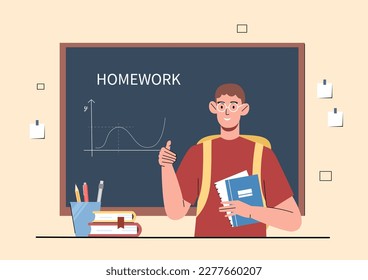 Nerd in school. Man with book in glasses stands against background of board with graph. Hardworking, excellent student. Education and training. Cartoon flat vector illustration