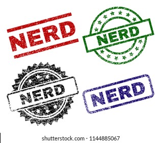 NERD seal prints with corroded texture. Black, green,red,blue vector rubber prints of NERD label with corroded style. Rubber seals with circle, rectangle, medal shapes.