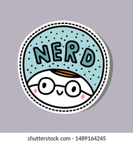 Nerd sticker hand drawn vector illustration in cartoon style. Cute boy in glasses on turquoise background minimalism