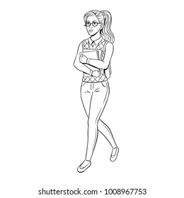 Niña estudiantil nerd coloreando ilustración vectorial. Imagen aislada en fondo blanco. Imitación al estilo de un libro de historietas.
