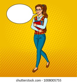 Nerd student girl pop art retro vector illustration. Text bubble. Color background. Comic book style imitation.