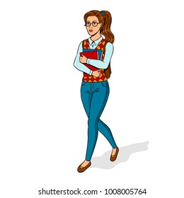 Nerd student girl pop art retro vector illustration. Isolated image on white background. Comic book style imitation.