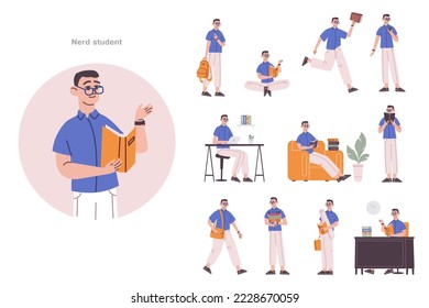 Posturas estudiantiles nerviosas. Retrato escolar o profesor de escuela joven en el trabajo, estudiante universitario con mochila, libro de teléfono o biblioteca trabajador universitario inteligente ilustración vectorial de retrato escolar