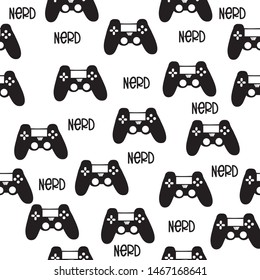 Nerd text, balck and white controllers seamless pattern, background.  Young and happy, t-shirt graphics, posters, party concept, textile, wallpaper.