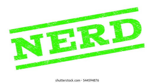 Nerd watermark stamp. Text caption between parallel lines with grunge design style. Rubber seal stamp with scratched texture. Vector light green color ink imprint on a white background.
