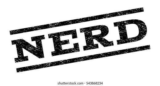 Nerd watermark stamp. Text tag between parallel lines with grunge design style. Rubber seal stamp with dust texture. Vector black color ink imprint on a white background.