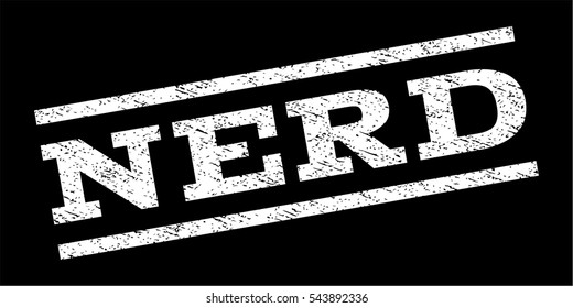 Nerd watermark stamp. Text tag between parallel lines with grunge design style. Rubber seal stamp with dirty texture. Vector white color ink imprint on a black background.