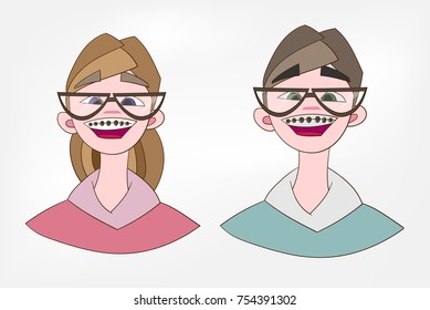 nerds girl boy glasses braces vector illustration