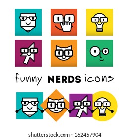 Nerds icon set with funny faces in glasses: pencil, lamp, cat, cursor. Bunch of the colored emoticons. Happy doodles