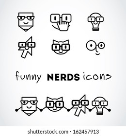 Nerds icon set with funny faces in glasses: pencil, lamp, cat etc. Happy doodles