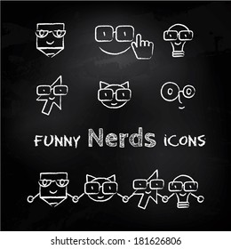 Nerds icon set with funny faces in glasses: pencil, lamp, cat etc. Stylish chalk illustration on blackboard background