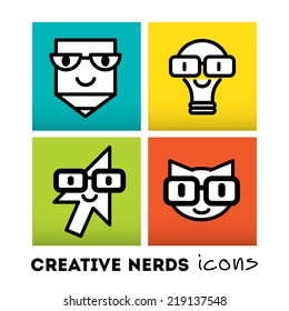 Nerds icon set with funny faces in glasses pencil, lamp, cat etc. Modern vector illustration and design element