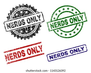 NERDS ONLY seal prints with damaged surface. Black, green,red,blue vector rubber prints of NERDS ONLY text with grunge surface. Rubber seals with circle, rectangle, medal shapes.