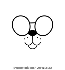 Nerdy animal face in round glasses. Black doodle on white background. Dog or cat face mask silhouette. Cute rabbit or mouse. Animal nose logo for veterinarian or pet shop. Social media icon