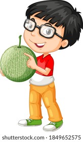 Niño nervioso sosteniendo fruta de melón en posición de pie