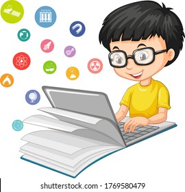 Nerdy boy searching on laptop with education icon cartoon style isolated on white background illustration