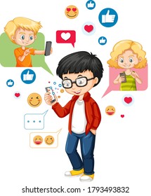 Nerdy boy using smartphone with social media emoji icon cartoon style isolated on white background illustration