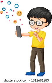 Nerdy boy using smartphone with social media emoji icon cartoon style isolated on white background illustration