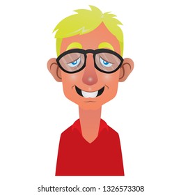 Nerdy Boy wear Big eyeglasses and smiled showing the rabbit's teeth Avatar Cartoon Vector