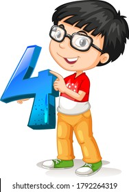 Nerdy boy wearing glasses holding math number four illustration