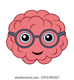 A nerdy cartoon brain with glasses, big round eyes, and a goofy smile. It holds a book, exuding intelligence and curiosity, with a fun, quirky, and geeky charm!