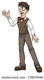 Nerdy genius boy with glasses explaining something passionately, vector illustration