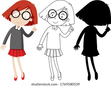 Nerdy girl with its outline and silhouette illustration