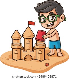 Nerdy Kid Building Sandcastle Vektorillustration