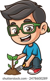 Nerdy-Kind pflanzt Baum-Vektorillustration