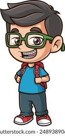 Niño nerd usando aparatos ortopédicos Ilustración vectorial