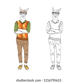 Nerdy Llama man dressed up in geek style . Anthropomorphic animal illustration. Hand drawn vector graphic.