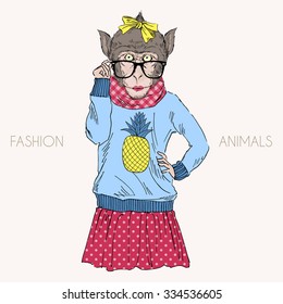 nerdy macaque girl hipster, fashion animal illustration