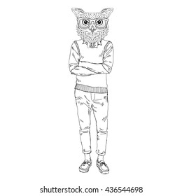 nerdy owl man hipster, furry art illustration, fashion animals