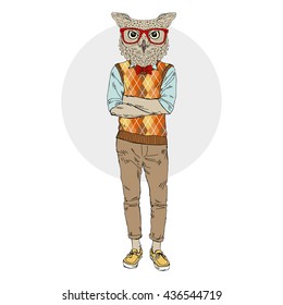 nerdy owl man hipster, furry art illustration, fashion animals