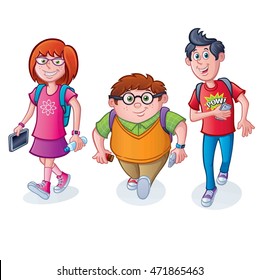 Nerdy School Kids Walking with Backpacks