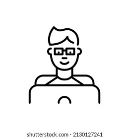 Nerdy teenage boy wearing glasses learning or gaming at a laptop. Pixel perfect, editable stroke icon