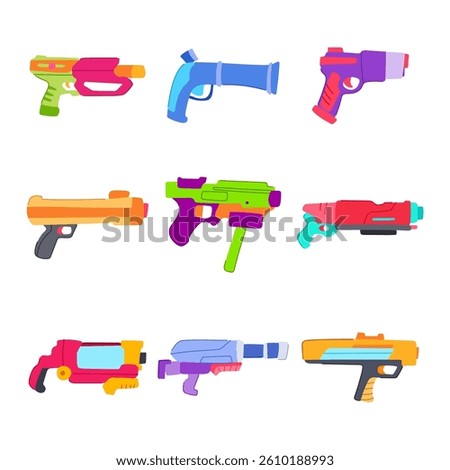 nerf gun toy set cartoon. dart foam, hasbro rival, mega modulus nerf gun toy sign. isolated symbol vector illustration