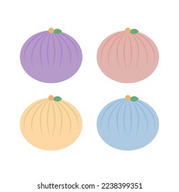 Nerikiri in form of round flowers isolated on white background. Set of wagashi in different colors. Beautiful tasty Japanese confections. Flat vector illustration of dessert