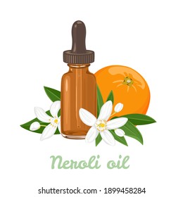 Neroli essential oil in amber glass dropper bottle isolated on white background. Green leaves and white fragrant flowers. Vector illustration in cartoon flat style.